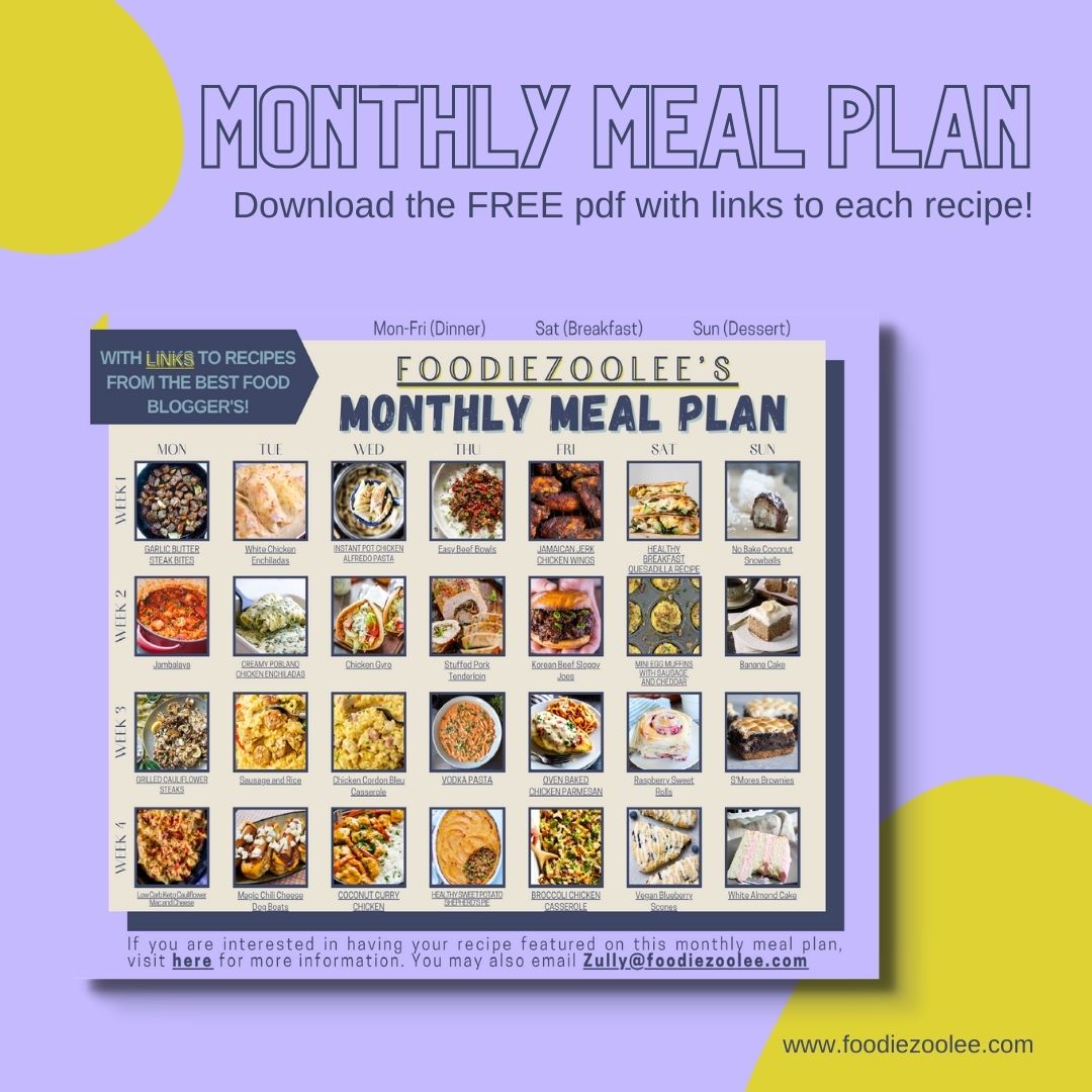 Image of the monthly meal plan printable which has links embedded for all the recipes for the month