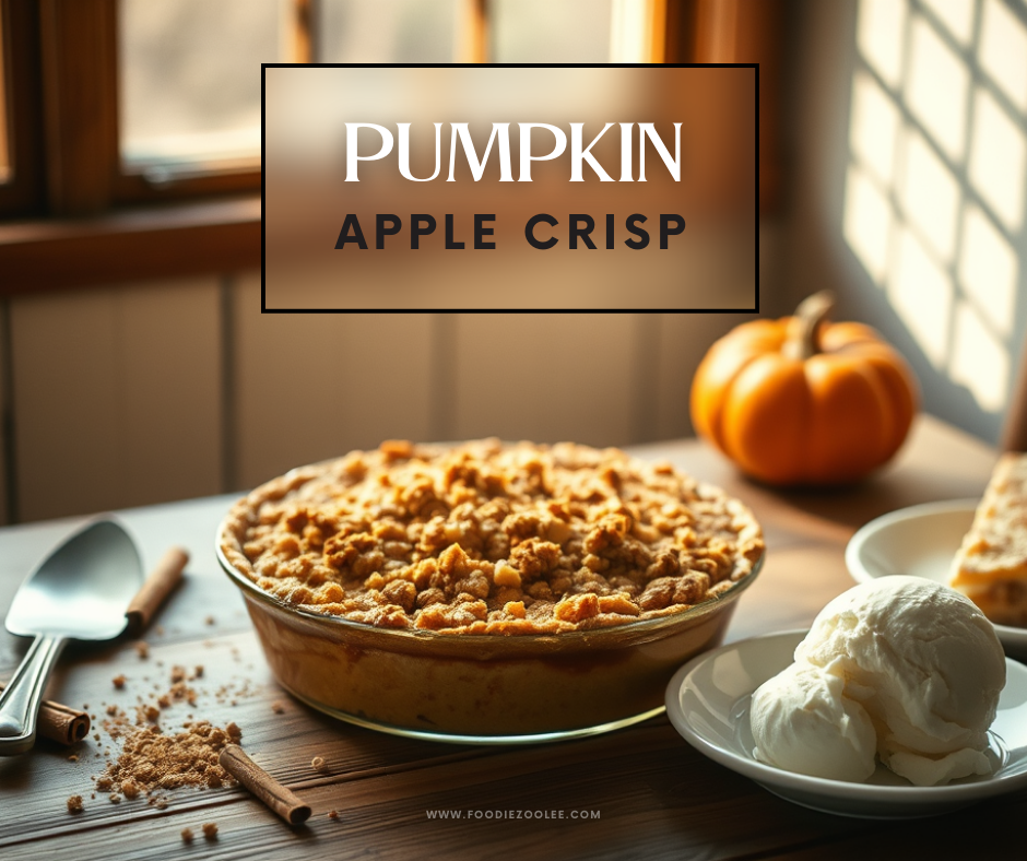 The image shows a cozy autumn scene with a freshly baked pumpkin apple crisp in a clear pie dish, resting on a wooden table. The crisp has a golden, crumbly topping, and there are some crumbs and cinnamon sticks scattered nearby, adding a rustic touch. To the side, a plate holds two scoops of creamy vanilla ice cream, ready to be served alongside the warm dessert. In the background, a small decorative pumpkin and a slice of pie can be seen, capturing the essence of fall. Sunlight streams through a window, casting a warm and inviting glow over the scene.